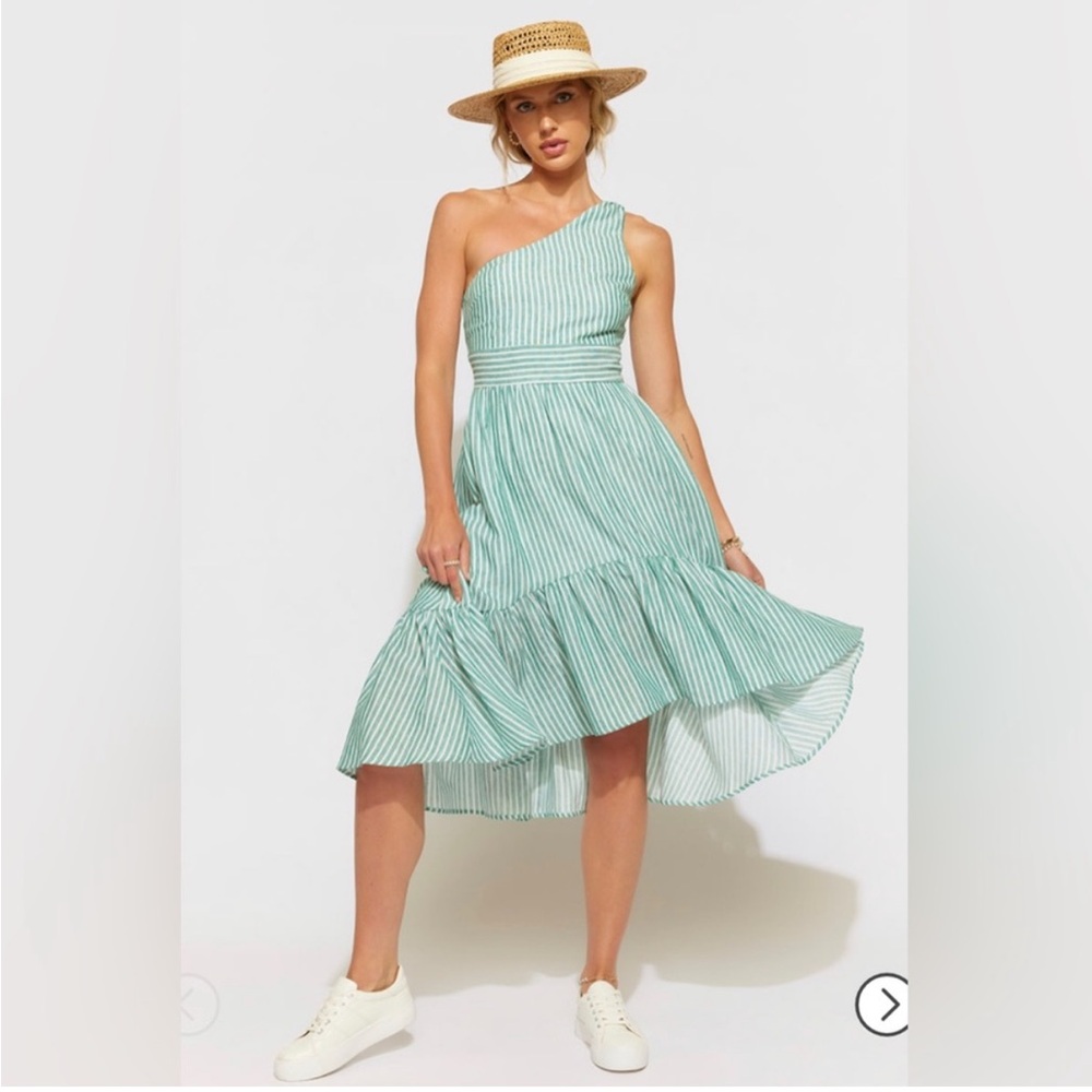 Francesca's Collections Sloane Striped One-Shoulder Midi Dress | Size Small